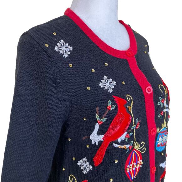 Kim Rogers Sz SP Vtg 90s Knitted Holiday Cardigan Boho Embroidered Beaded - Picture 6 of 16
